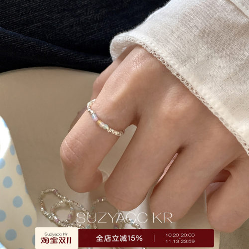 suzyacc kr碎银彩色串珠弹力绳戒指个性小众设计感食指戒指环女