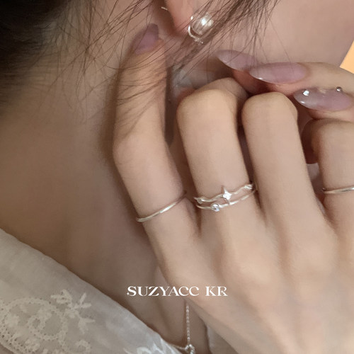 suzyacc kr纤细纯银四芒星合成锆石双层戒指小众设计感食指戒指环