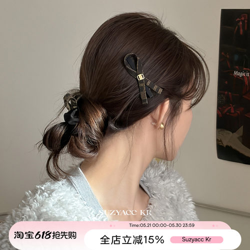 suzyacc kr格纹蝴蝶结发夹复古森系小众高级侧边夹个性百搭发饰女