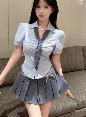 韩系学院风jk制服小清新甜美修身衬衫减龄纯欲显瘦百褶裙两件套夏