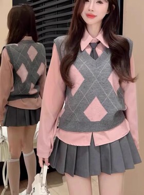 学院风套装针织马甲衬衫百褶半身裙韩剧穿搭三件套小个子秋冬新款