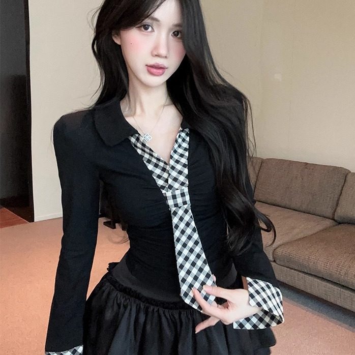 韩版学院风jk制服格纹气质上衣女