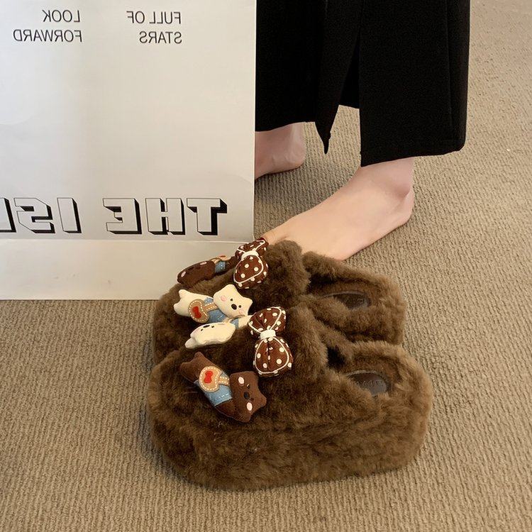 复古毛绒卡通蝴蝶结小狗毛毛拖鞋女2025冬新款外穿懒人棉拖包头拖,女鞋,包头拖,淘宝优惠券,粉丝福利购,淘宝优惠卷