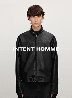 INTENT 银扣裂纹机车皮衣/Slim版型休闲立领短款夹克外套质感