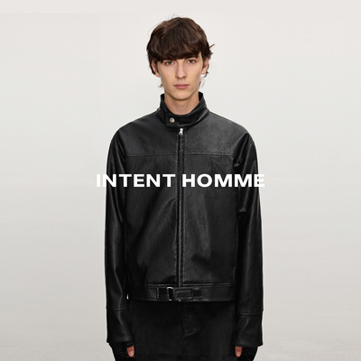 INTENT 银扣裂纹机车皮衣/Slim版型休闲立领短款夹克外套质感