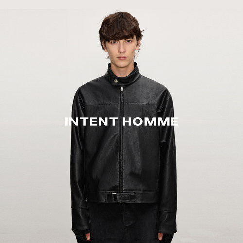 INTENT 银扣裂纹机车皮衣/Slim版型休闲立领短款夹克外套质感