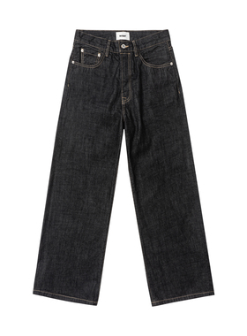 INTENT 日本冈山黑色15.2盎司复古脱浆原牛宽松直筒A型牛仔长裤