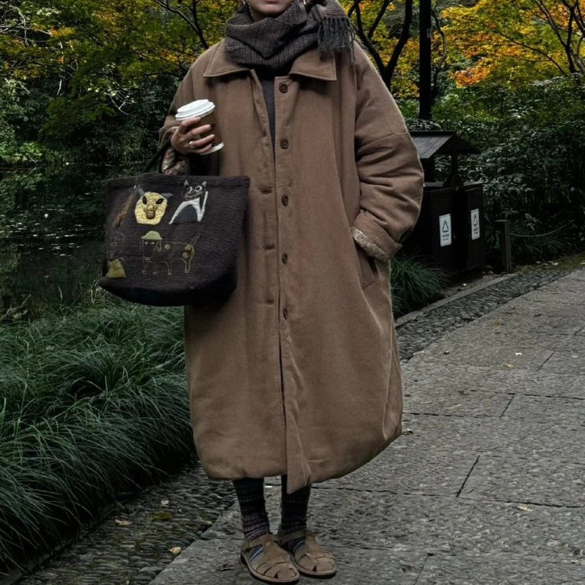 2025秋冬新款亚麻碎花复古棉服外套女长款过膝宽松加厚保暖棉衣