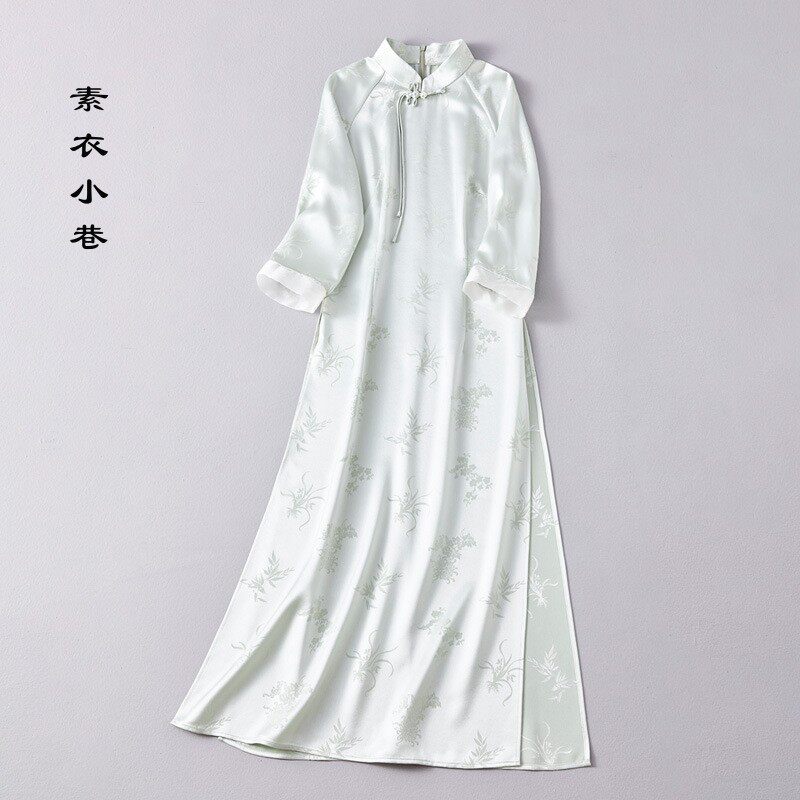 醋酸缎提花绿色中国风立领旗袍