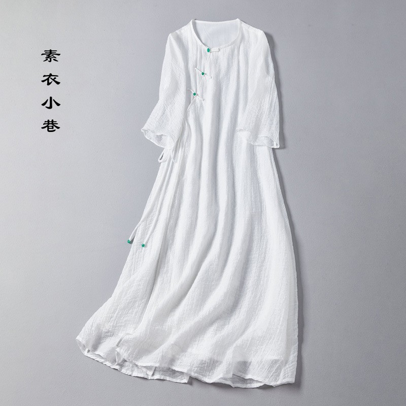 春夏白色圆领绿色珠扣仙气宽松连衣裙中式茶服日常复古通勤文艺女