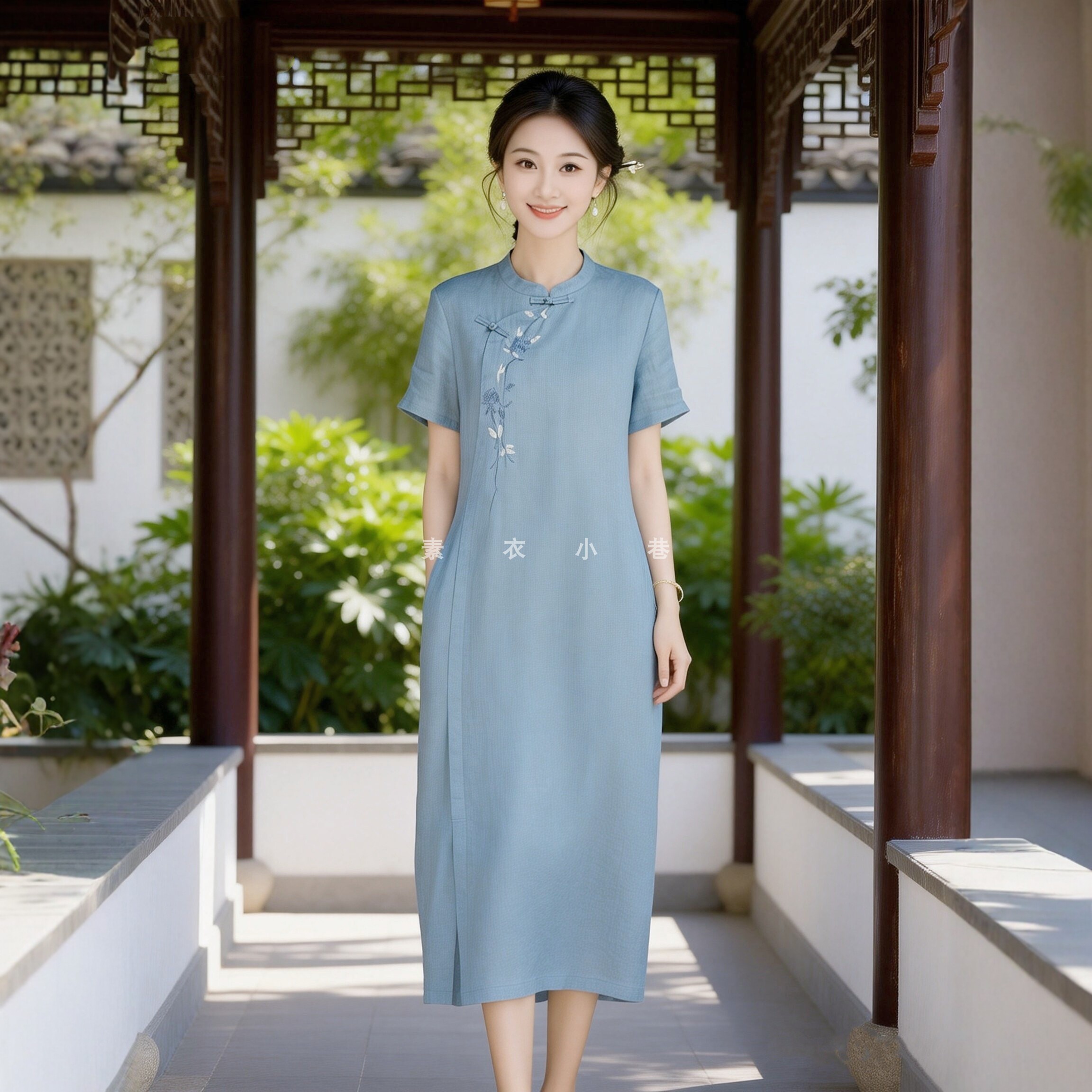 夏季亚麻刺绣斜襟立领宽松旗袍裙
