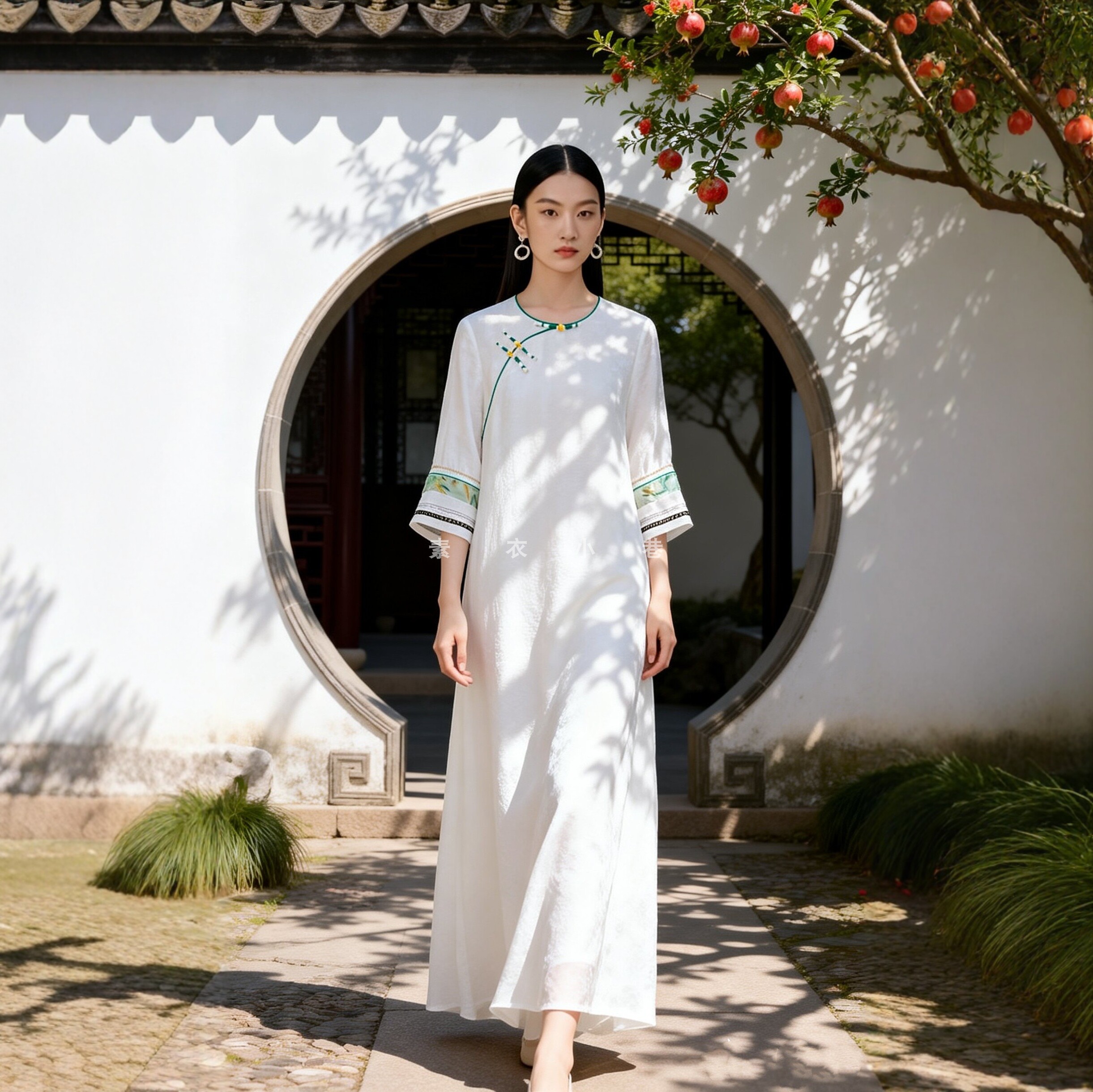 国风文艺显瘦人丝提花圆领盘扣连衣裙女新中式禅意茶改良旗袍长裙