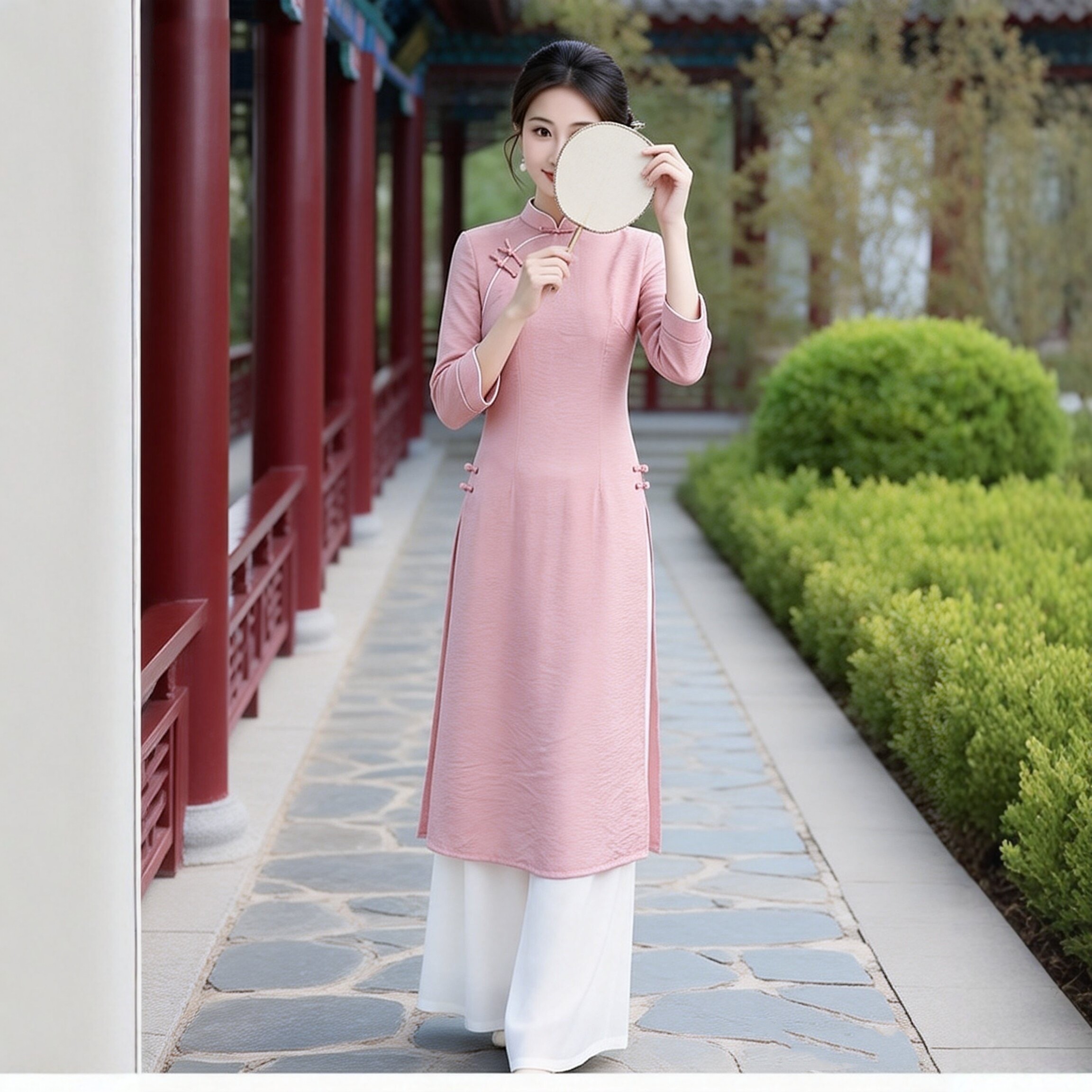 春夏立领越南奥黛旗袍式连衣裙丝麻女套装中长款温婉气质禅意茶服