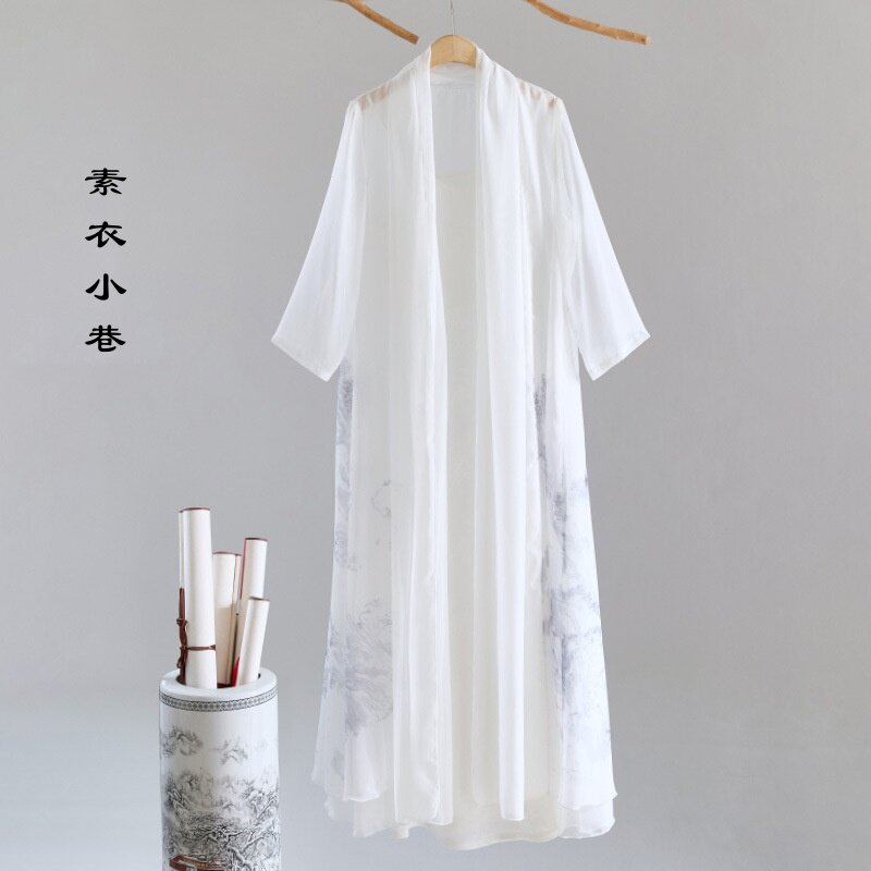 2025春夏新款中式女装水墨印花围巾领雪纺长衫禅服国风素雅外披