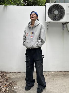 Tiesake复古大学毛圈手工破坏boro卫衣boxy花灰色毛毡刺绣