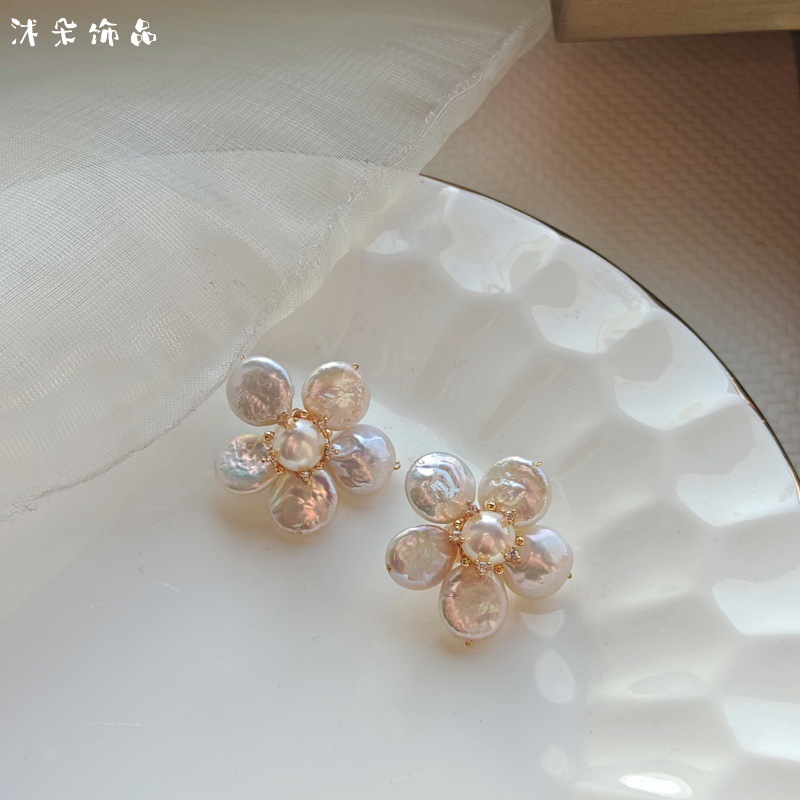 天然珍珠纯手工感简约轻奢风耳钉925银针花朵耳环耳钉