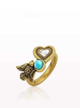 复古做旧飞鸟爱心戒指 国潮小众设计 轻奢气质感时尚指环