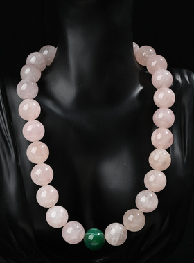 复古天然粉晶项链16mm圆珠绿色孔雀石串珠项链大气百搭毛衣链