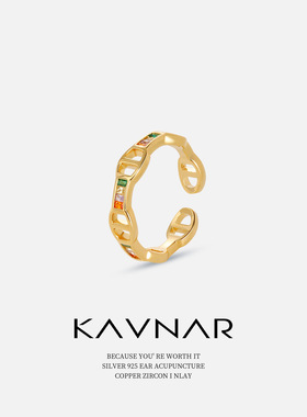 彩色锆石镂空链条欧美风可调节开口指环戒指女小众轻奢食指戒