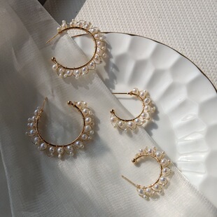 原创设计天然珍珠耳环HOOP法式耳钉925银针手工编织耳饰耳环耳圈