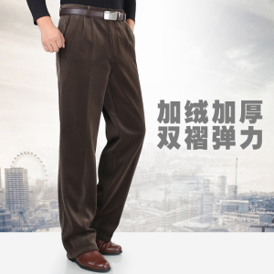 秋冬中老年加厚男裤双褶宽松加绒休闲裤灯芯绒条绒裤爸爸保暖长裤