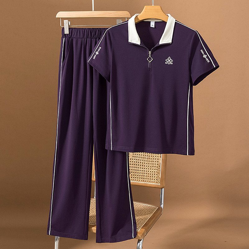 中老年休闲套装女夏季2026新款翻领短袖两件套妈妈装运动服薄款潮