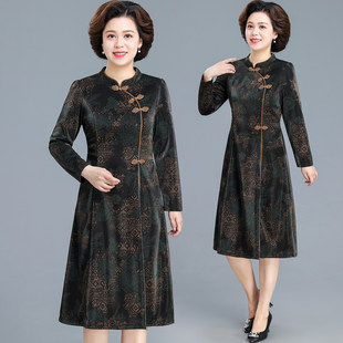 中式改良旗袍印花连衣裙女2026秋季新款显瘦中老年气质长袖A字裙