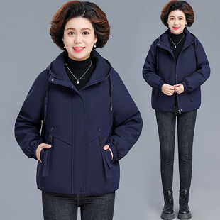 新款纯色加绒加厚连帽外套女2025冬季时尚洋气中老年妈妈百搭棉服