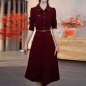 收腰显瘦减龄中长款 优雅气质娃娃领连衣裙女2025冬季 新款 A字裙潮