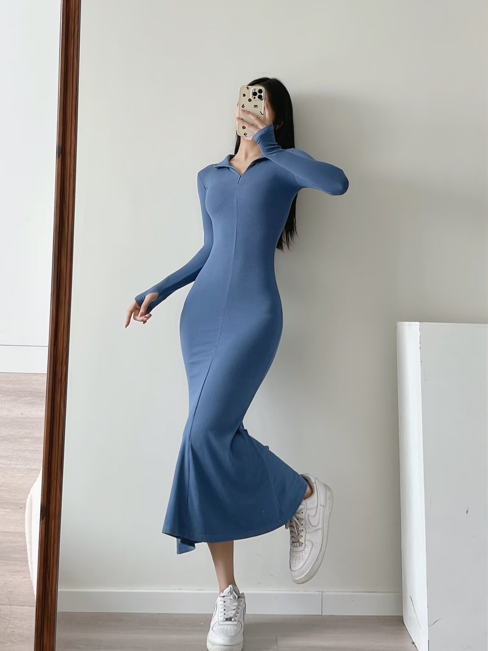 欧美鱼尾裙棉纯色拉链连衣裙