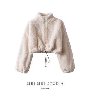 秋冬新款 泰迪毛绒拉链小外套立领抽绳高腰棉衣女仿羊羔毛甜美外套