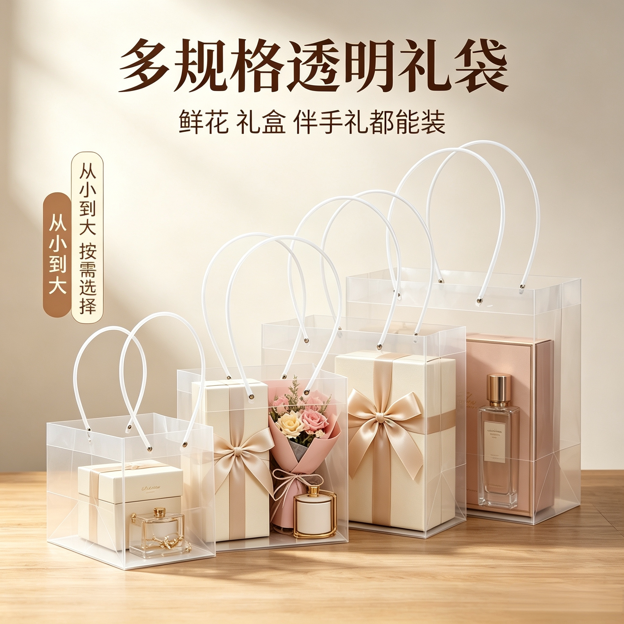 方形方形透明鲜花手提袋防水PP塑料方形装花袋礼品（10个起包邮）