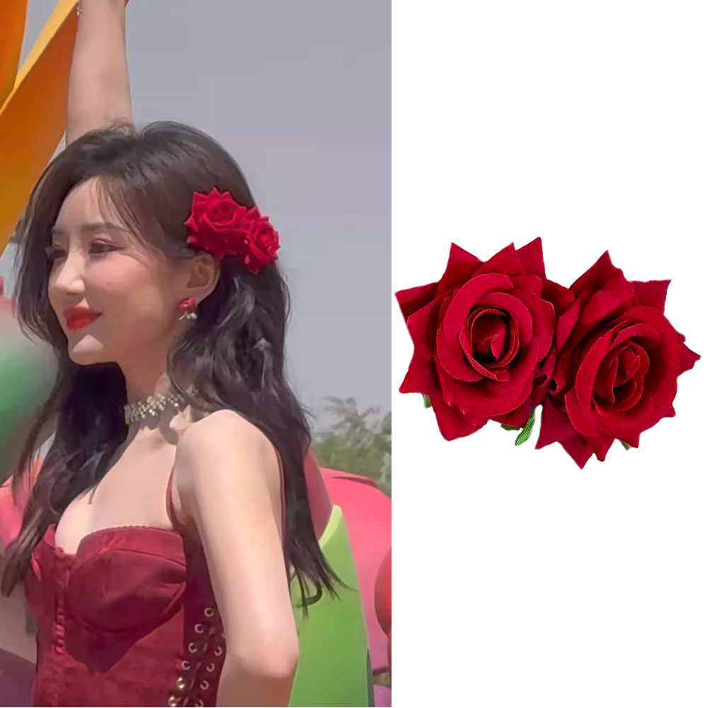 红色玫瑰花朵发夹跳舞拍照头花
