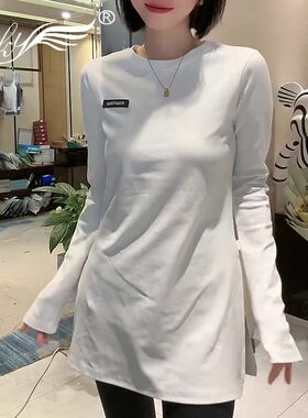洋气简约休闲开叉中长款弹力T恤