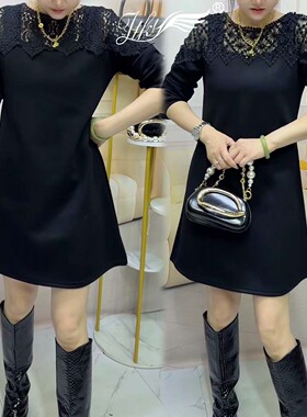 2026年春季时尚蕾丝拼接长袖连衣裙女黑色显瘦优雅气质韩版中长裙