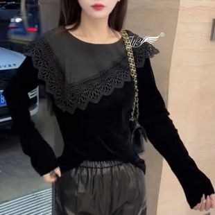 欧洲站2026秋季新款不规则蕾丝荷叶边金丝绒打底衫女显瘦小衫上衣
