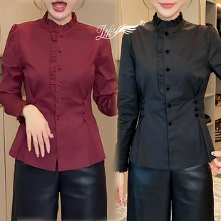 显瘦上衣开衫 欧货2025秋冬新款 女衬衫 洋气木耳边立领收腰长袖 时尚