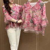 新款 荷叶袖 时尚 夏季 小衫 上衣七分袖 网纱拼接宽松显瘦民族风开衫 女