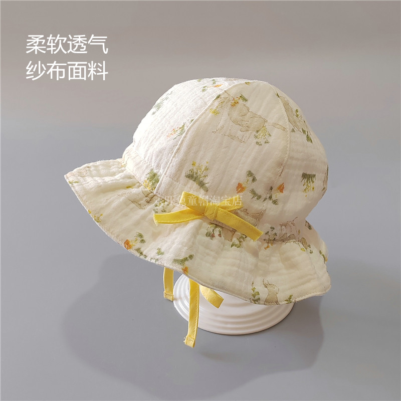婴幼儿春夏秋季可爱小兔盆帽女宝宝透气遮阳帽婴儿柔软纱布帽子