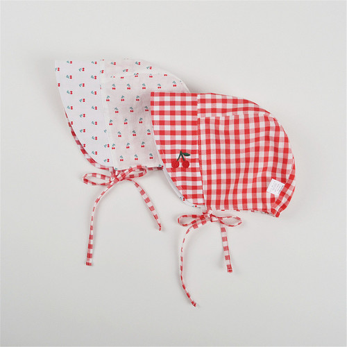 双面戴婴幼儿格子绣花防晒宫廷帽