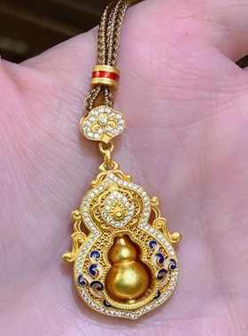 四美福禄黄金色微镶蓝色葫芦吊坠国风新中式长款项链配饰女毛衣