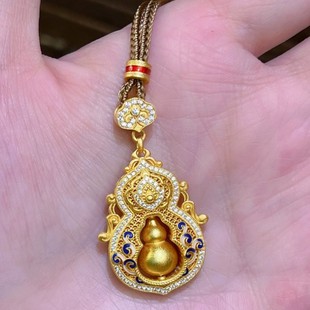 四美福禄黄金色微镶蓝色葫芦吊坠国风新中式长款项链配饰女毛衣