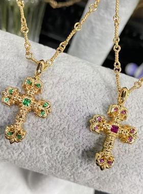 奢侈潮流十字架火焰镶钻项链男女同款复古时尚配饰轻奢个性饰品