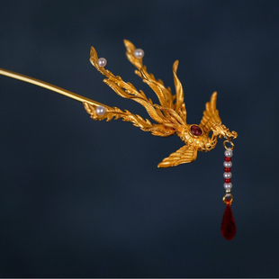 纯铜镀金珍珠凤钗步摇颤颤发簪唐风发簪簪子金色发簪汉服秀禾发饰