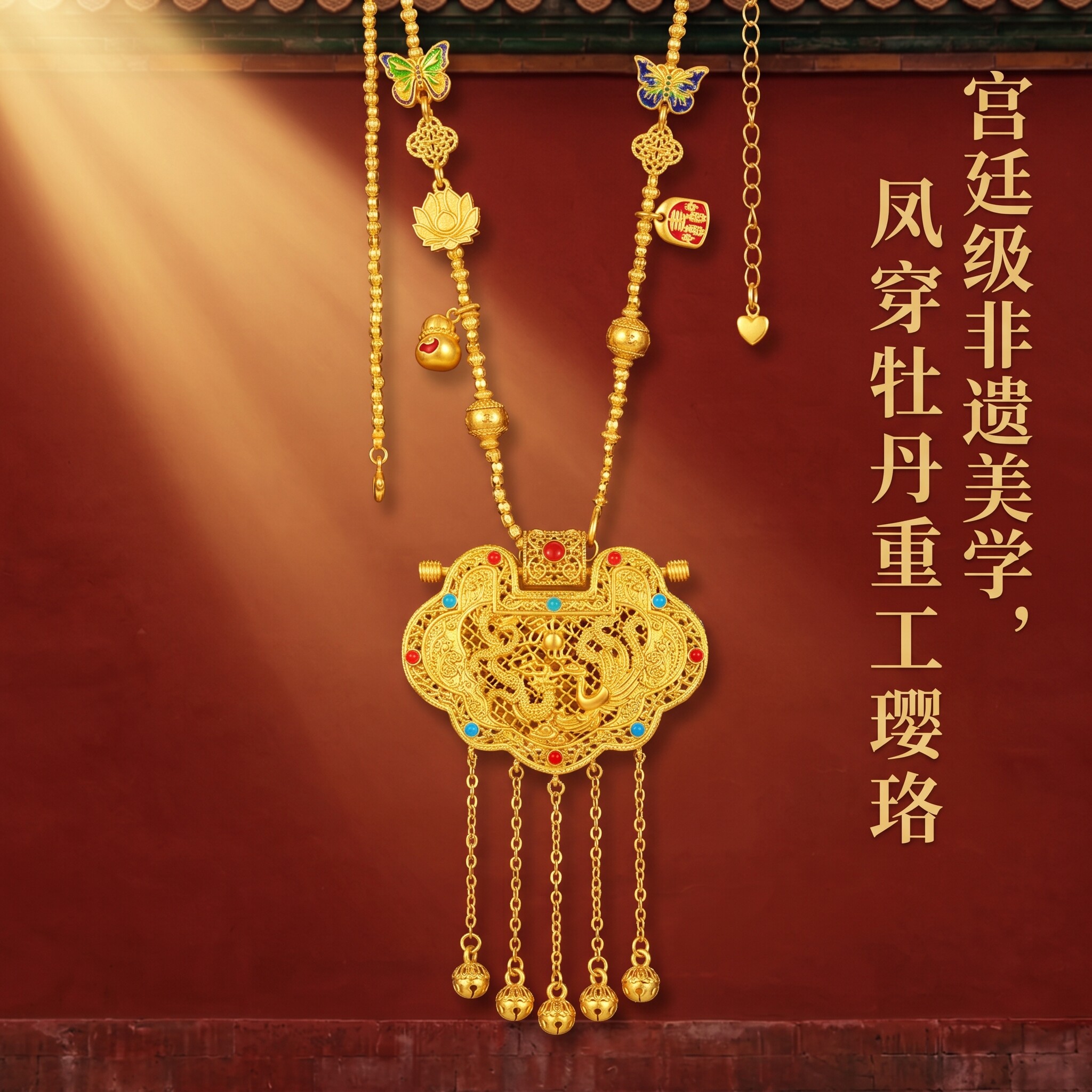 新中式个性珐琅彩天子门生蝴蝶多宝蹦迪珠项链龙凤锁包毛衣链送女
