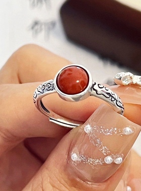 复古祥云戒指女做旧工艺民族风文艺花纹镶嵌南红色玛瑙开口食指环