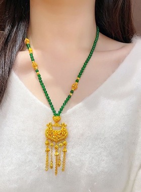 金店同款镀金锁愿璎珞百合花流苏锁包绿玉髓圆珠设计款项链送女友
