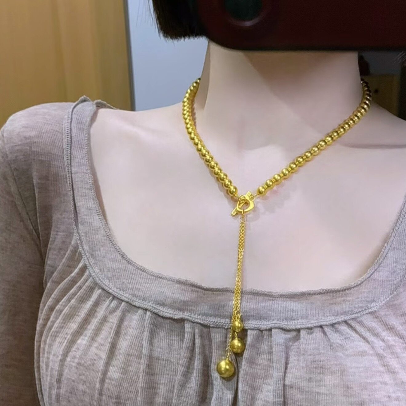 古法黄金色珠珠链滴溜版爱心OT扣流苏项链转运珠y字锁骨链