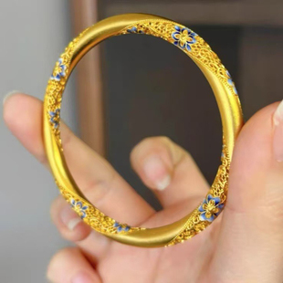 新中式国风青花珐琅彩描金手镯女新款黄金色古法花丝镯子实心手环
