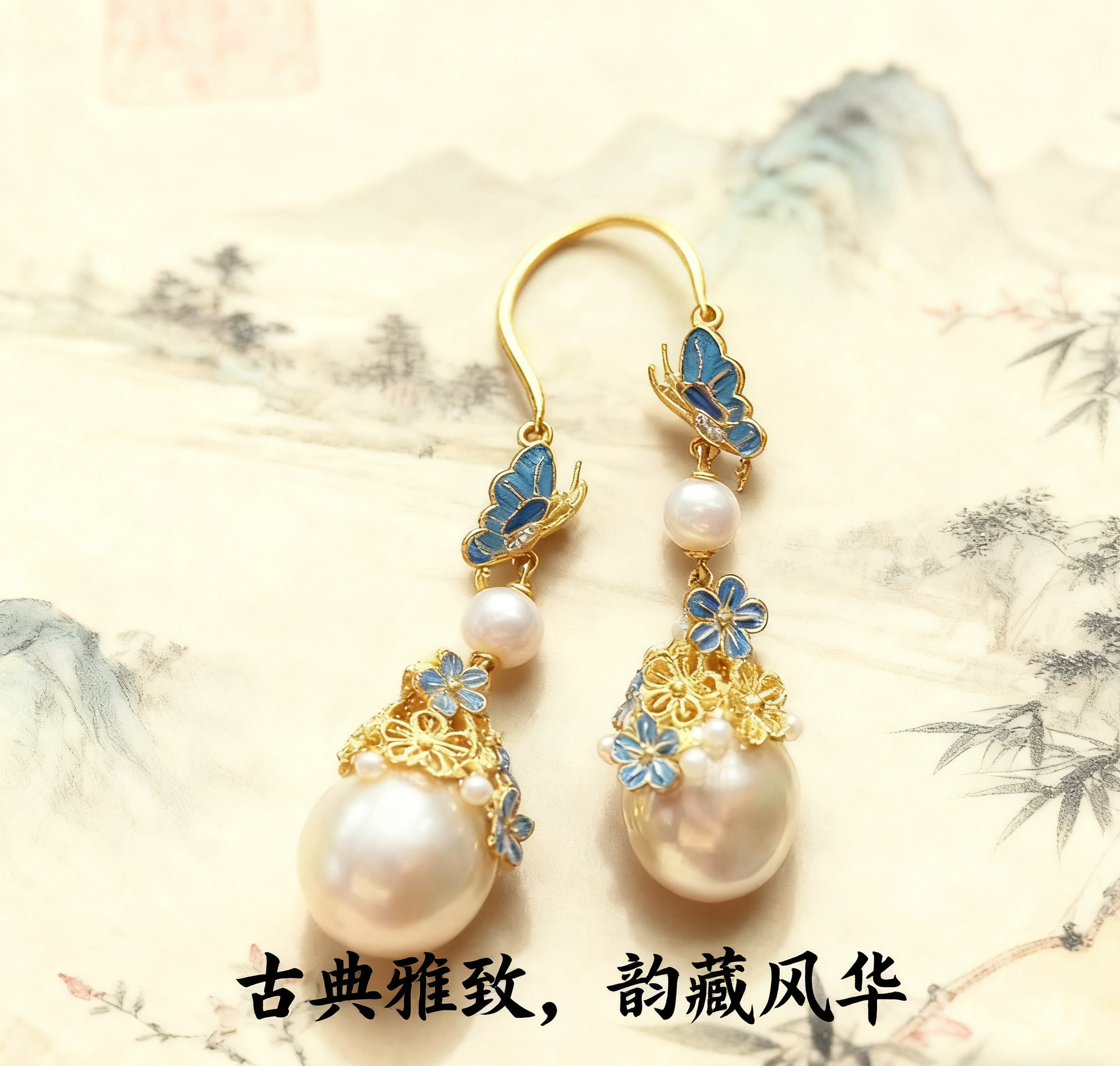 新中式仿点翠花丝镶嵌珍珠耳环女复古宫廷风流苏耳饰旗袍汉服耳坠
